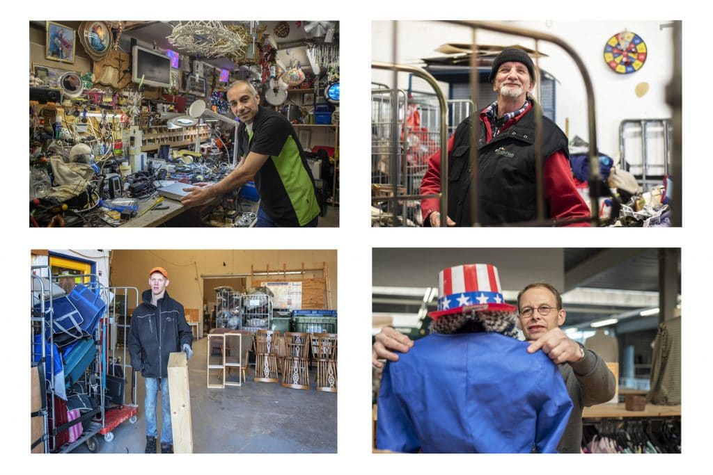 Een fietsenmaker, een sorteerder, een hulpje en een vrijwilliger op de kledingafdeling